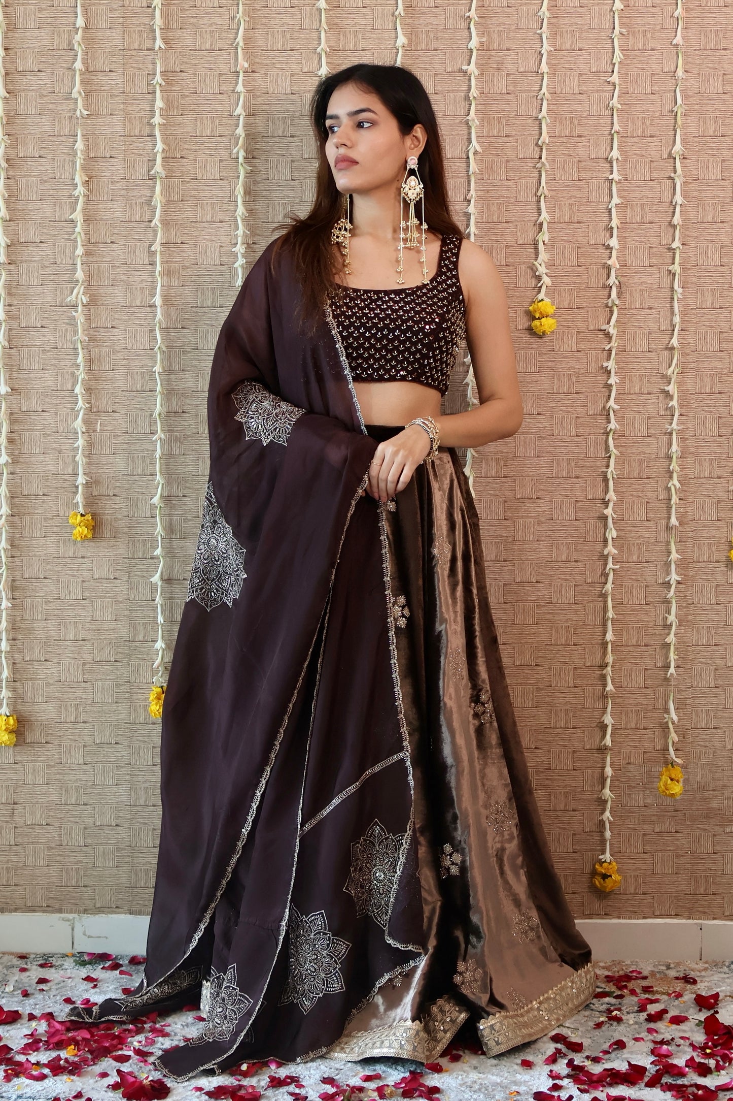 Coffee Brown Velvet Embroidered Lehenga set
