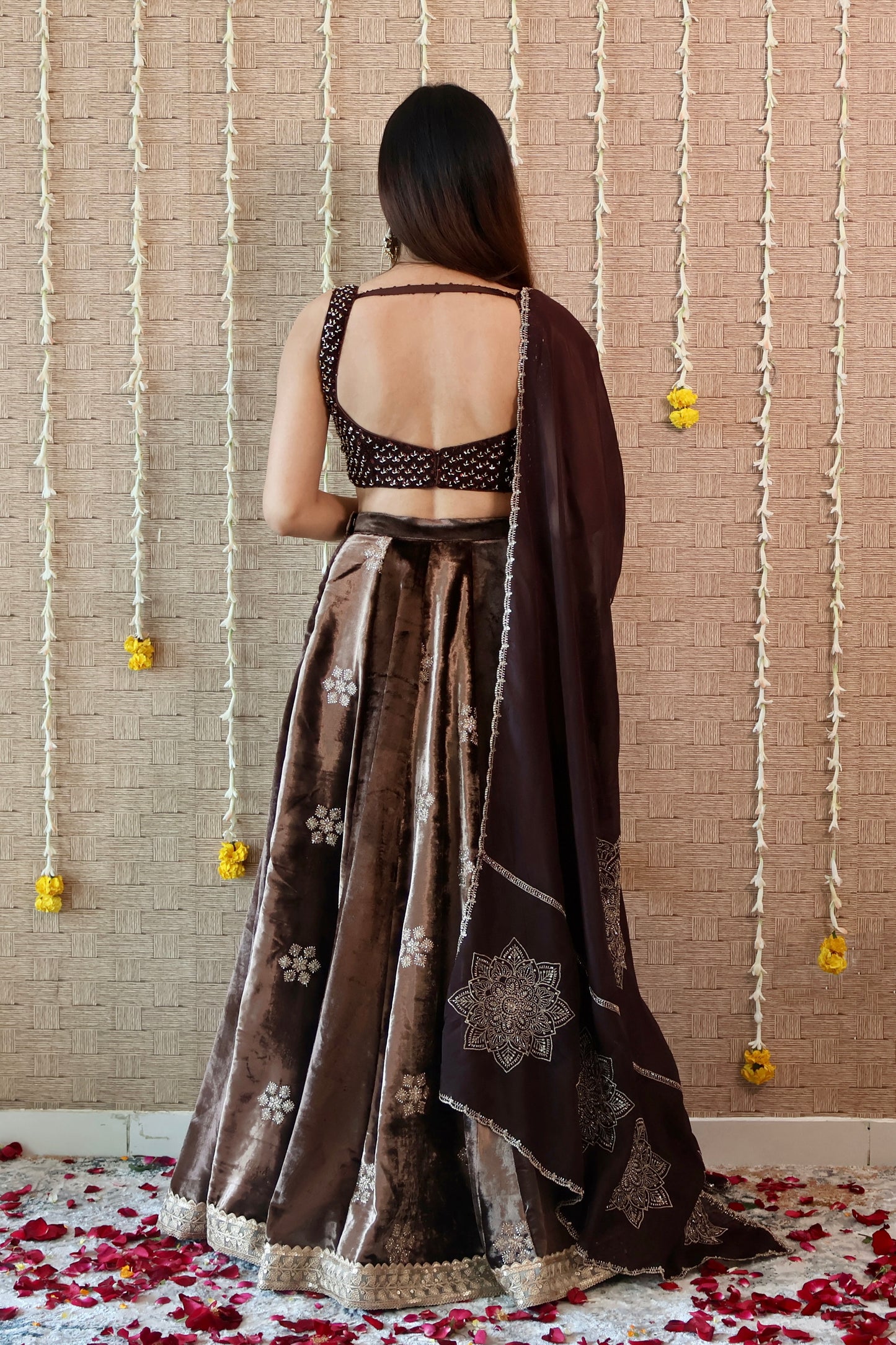 Coffee Brown Velvet Embroidered Lehenga set