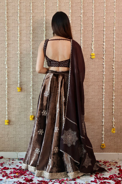 Coffee Brown Velvet Embroidered Lehenga set