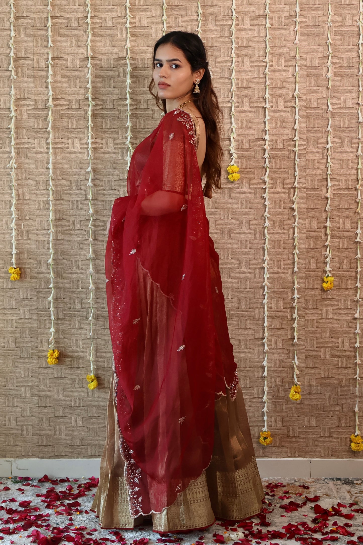 Temple copper Tissue Lehenga Set