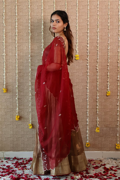 Temple copper Tissue Lehenga Set