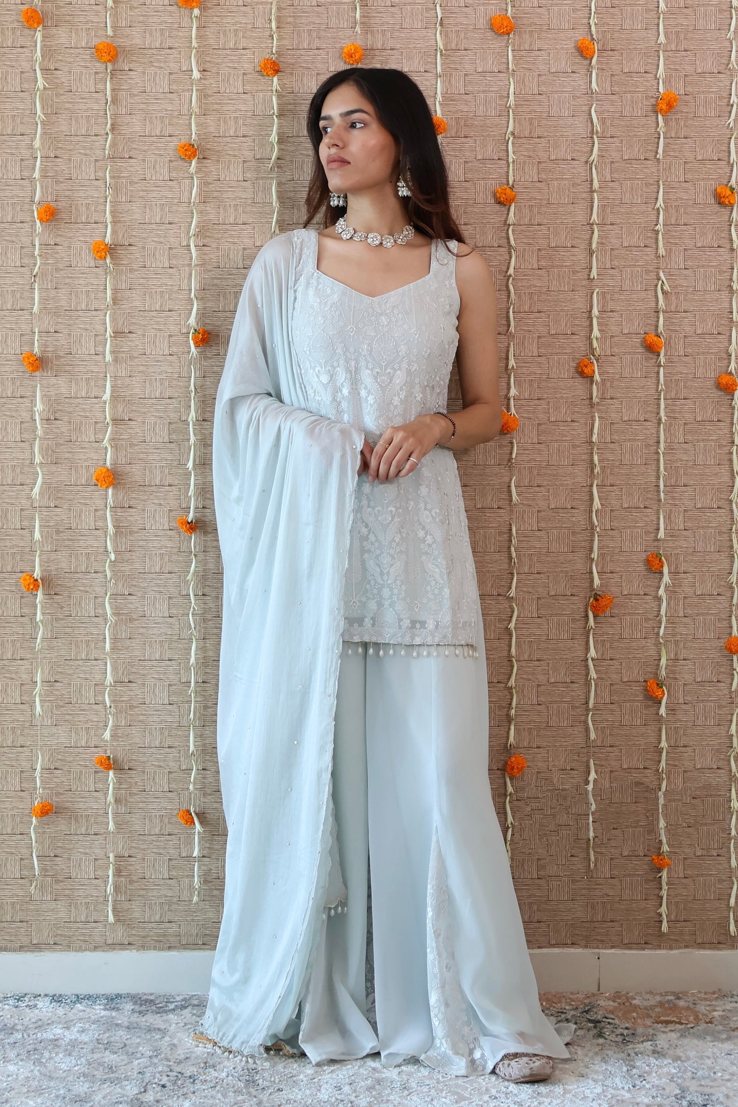 Pastel Blue Georgette Embroidered Sharara Set