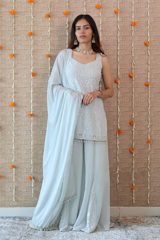 Pastel Blue Georgette Embroidered Sharara Set