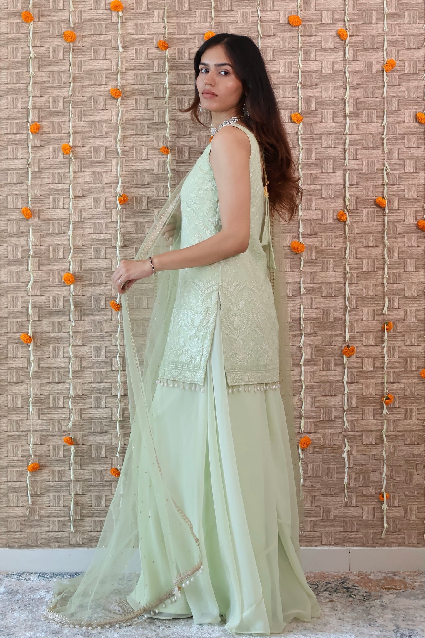 Pastel Green Embroidered Georgette Sharara Set