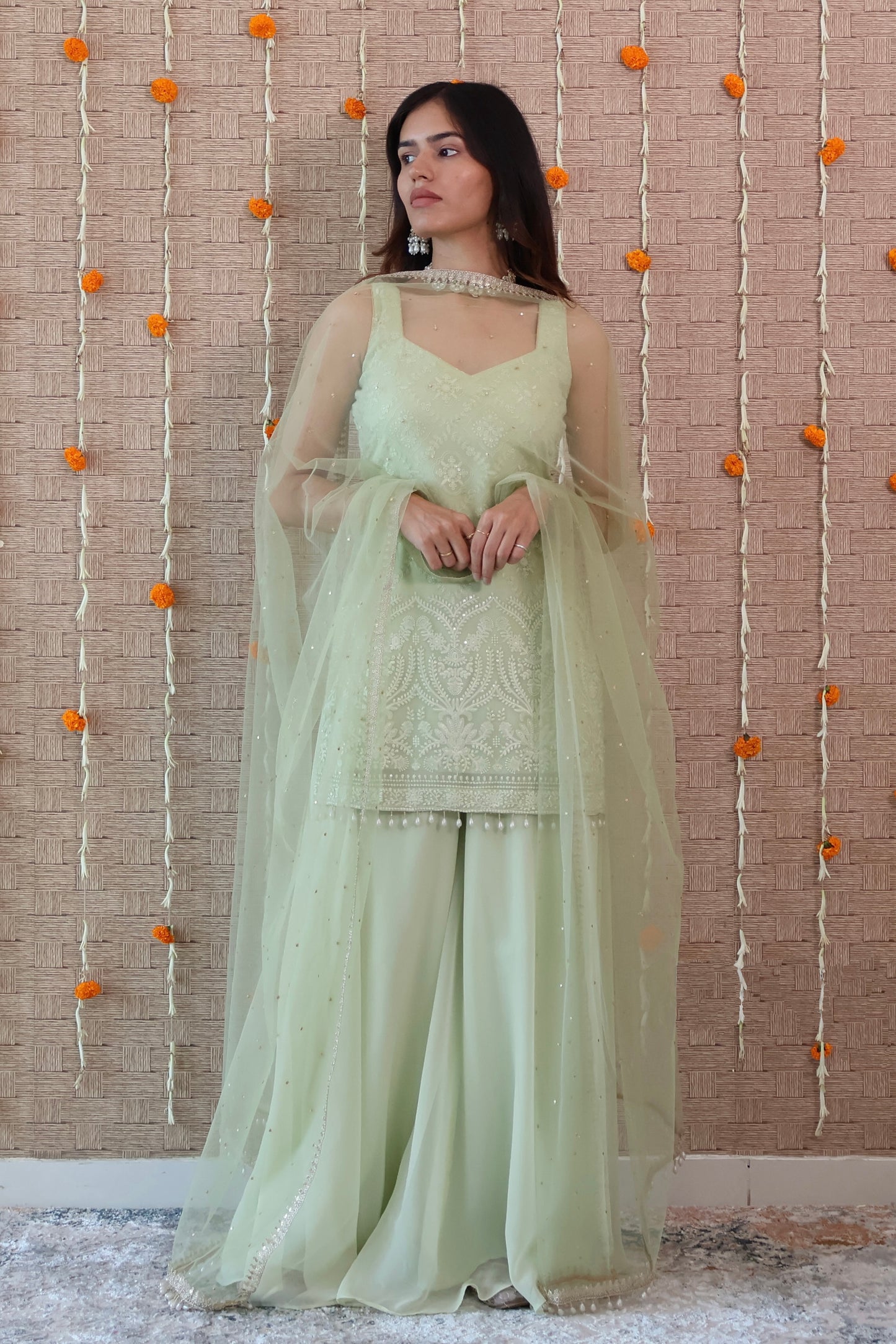 Pastel Green Embroidered Georgette Sharara Set