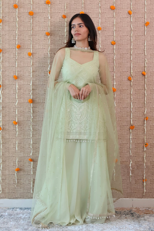 Pastel Green Embroidered Georgette Sharara Set