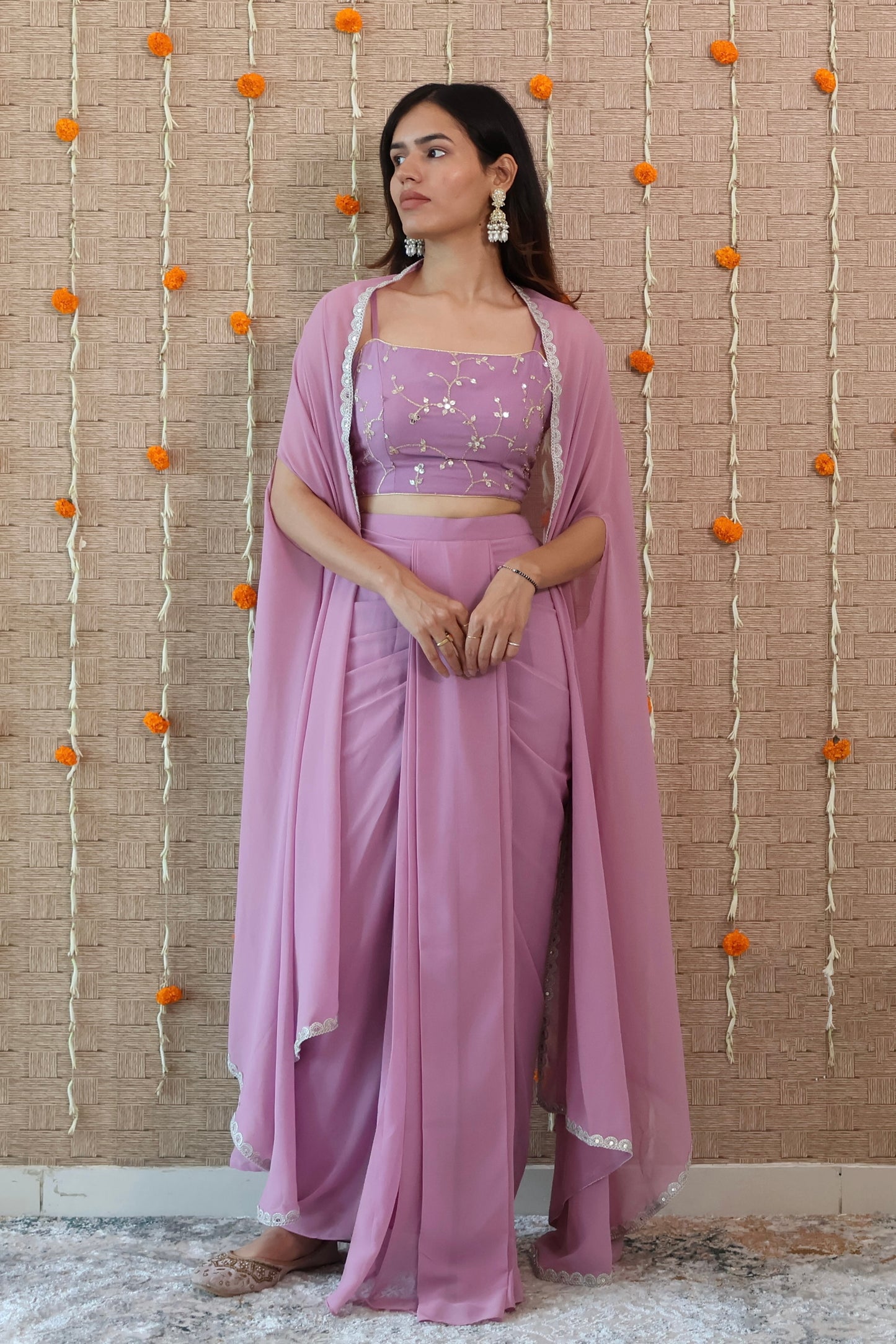 Pastel Purple Georgette Draped Skirt Set