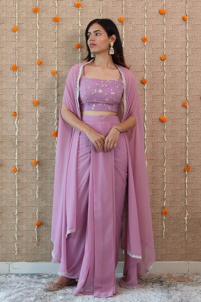 Pastel Purple Georgette Draped Skirt Set