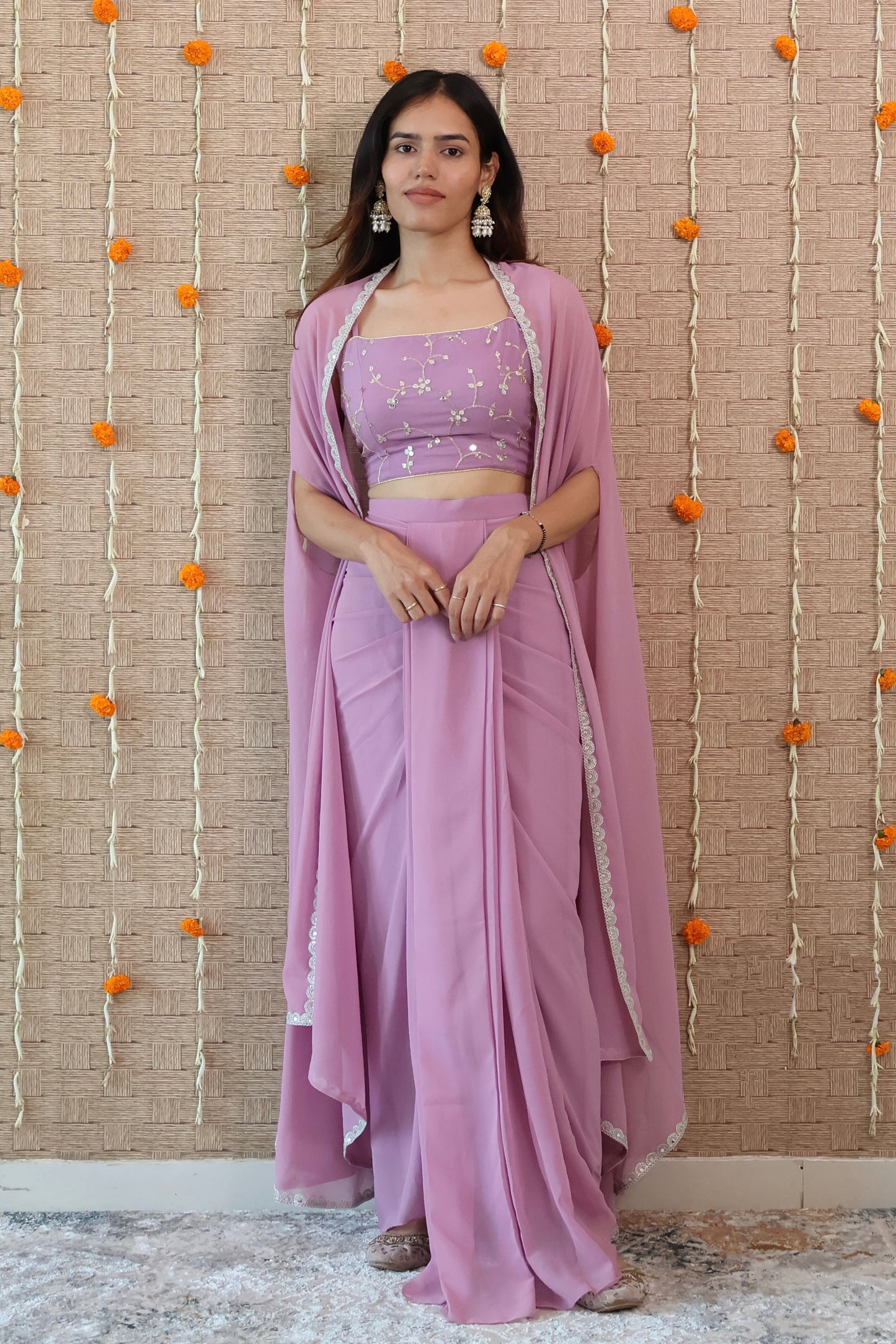 Pastel Purple Georgette Draped Skirt Set