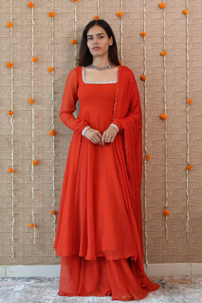 Rust Orange Georgette Anarkali Set