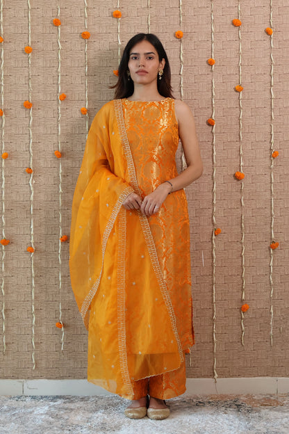 Mustard Yellow Brocade Kurta Set