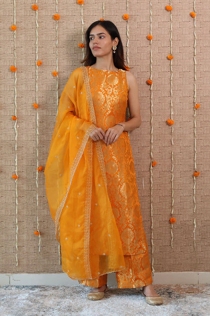 Mustard Yellow Brocade Kurta Set