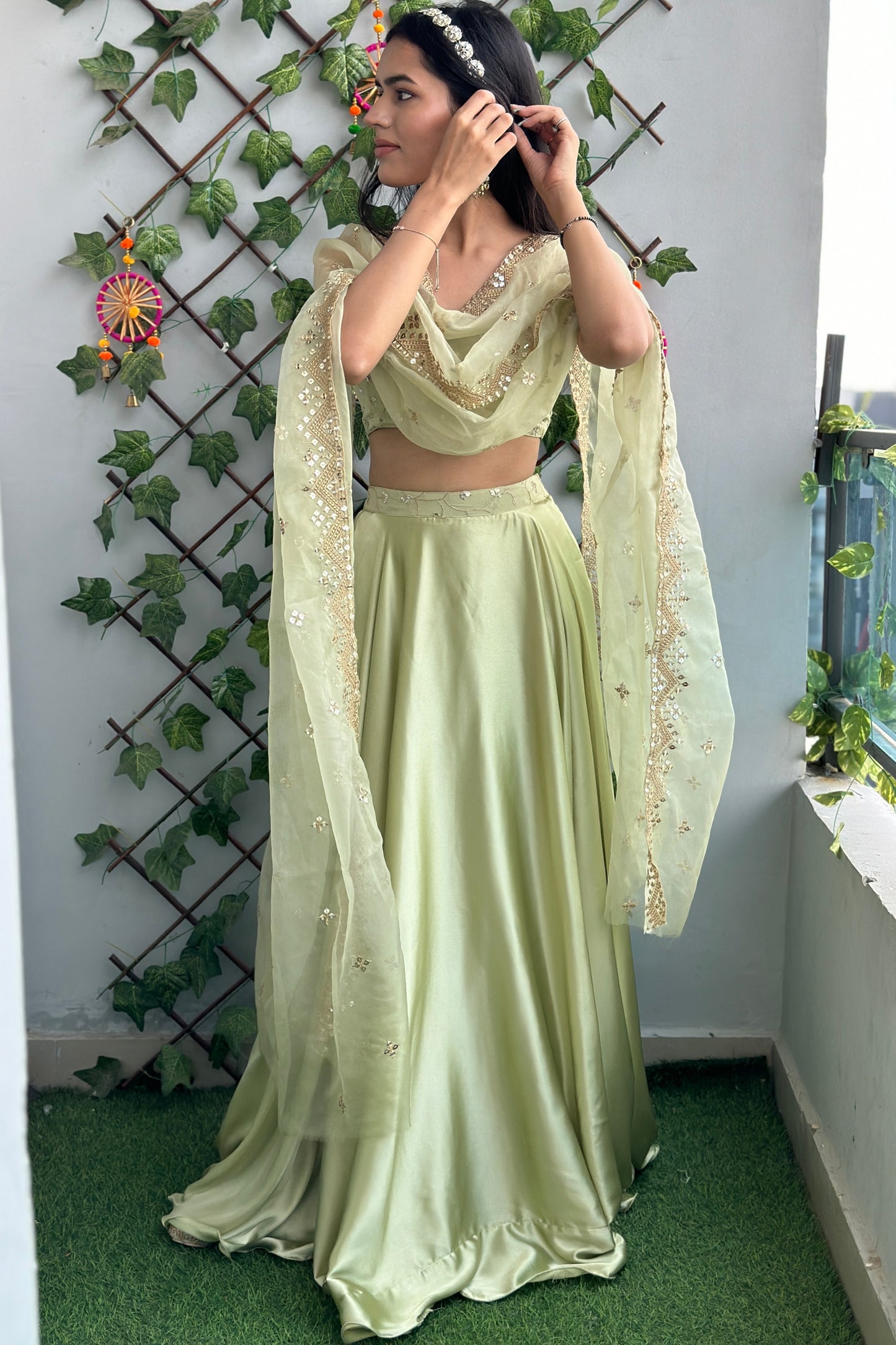 Pista Green Satin Lehenga Set