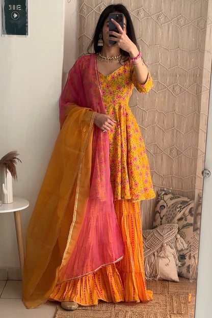Yellow Floral Cotton Sharara Set