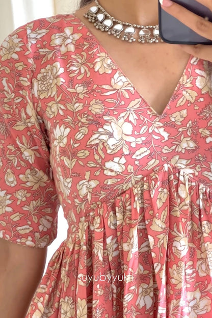 Peach Rayon Floral Printed Kurta Set