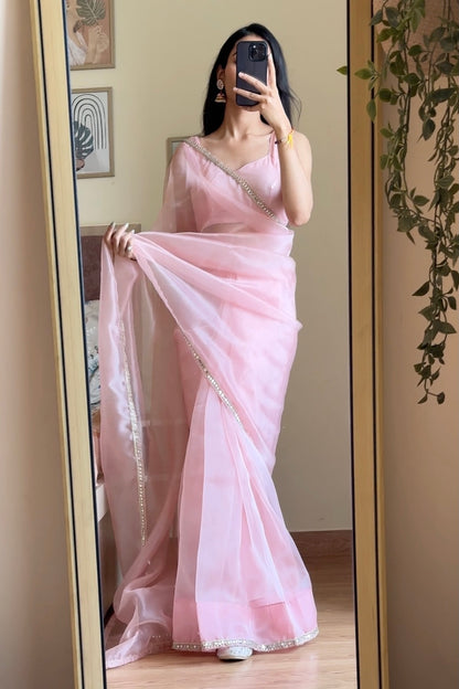 Pastel Pink Organza Saree With Sequins Blouse