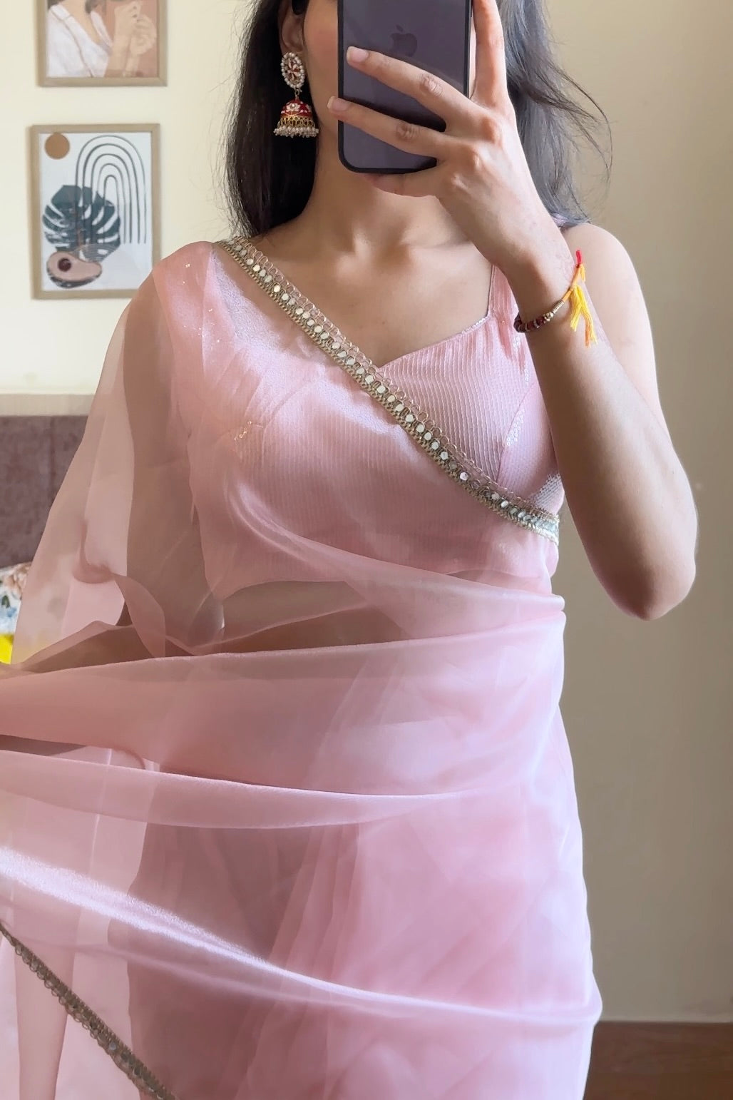 Pastel Pink Organza Saree With Sequins Blouse